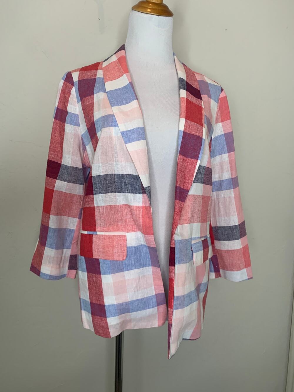 Maison Jules Red White Blue Coastal Plaid Blazer Sz S/M Preppy